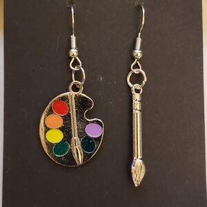Handmade Silver Metal Artist Palette Paintbrush Earrings